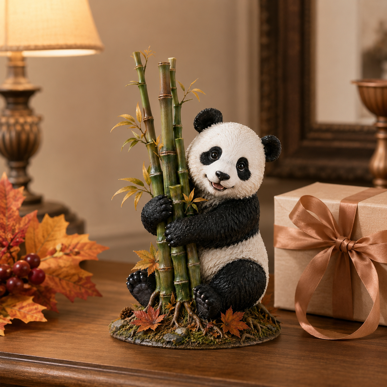 Fall Panda & Bamboo Resin Figurine