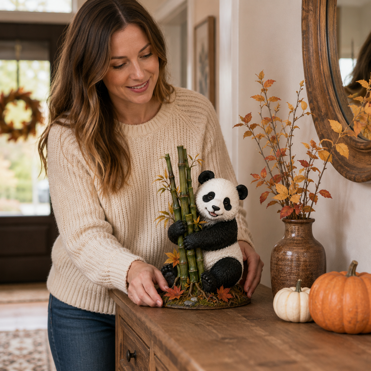 Fall Panda & Bamboo Resin Figurine