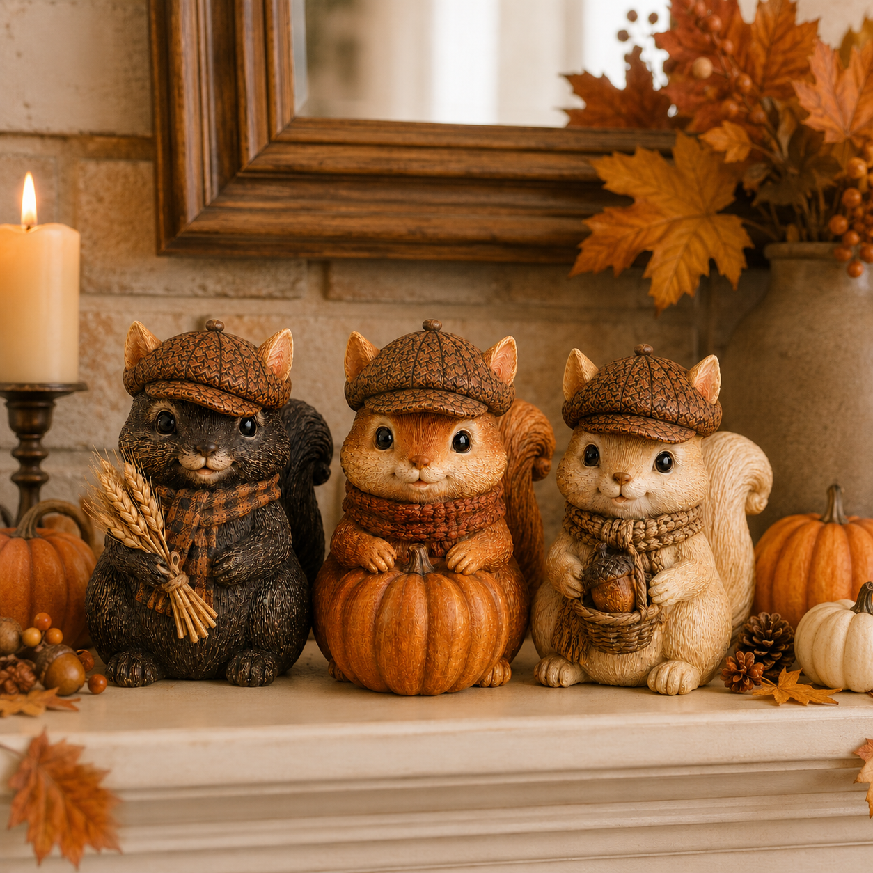 Vintage Fall Squirrel Figurine with Pinecone-Textured Newsboy Cap