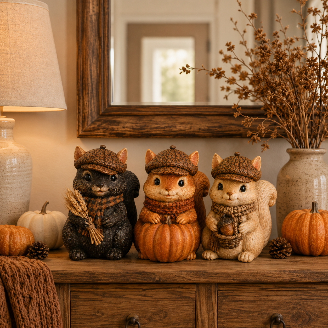 Vintage Fall Squirrel Figurine with Pinecone-Textured Newsboy Cap