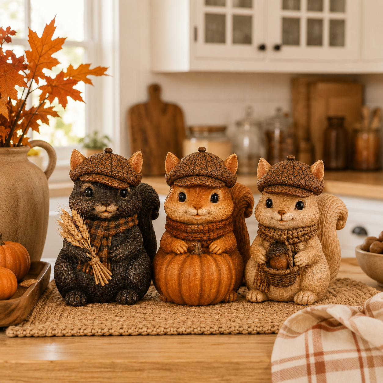 Vintage Fall Squirrel Figurine with Pinecone-Textured Newsboy Cap