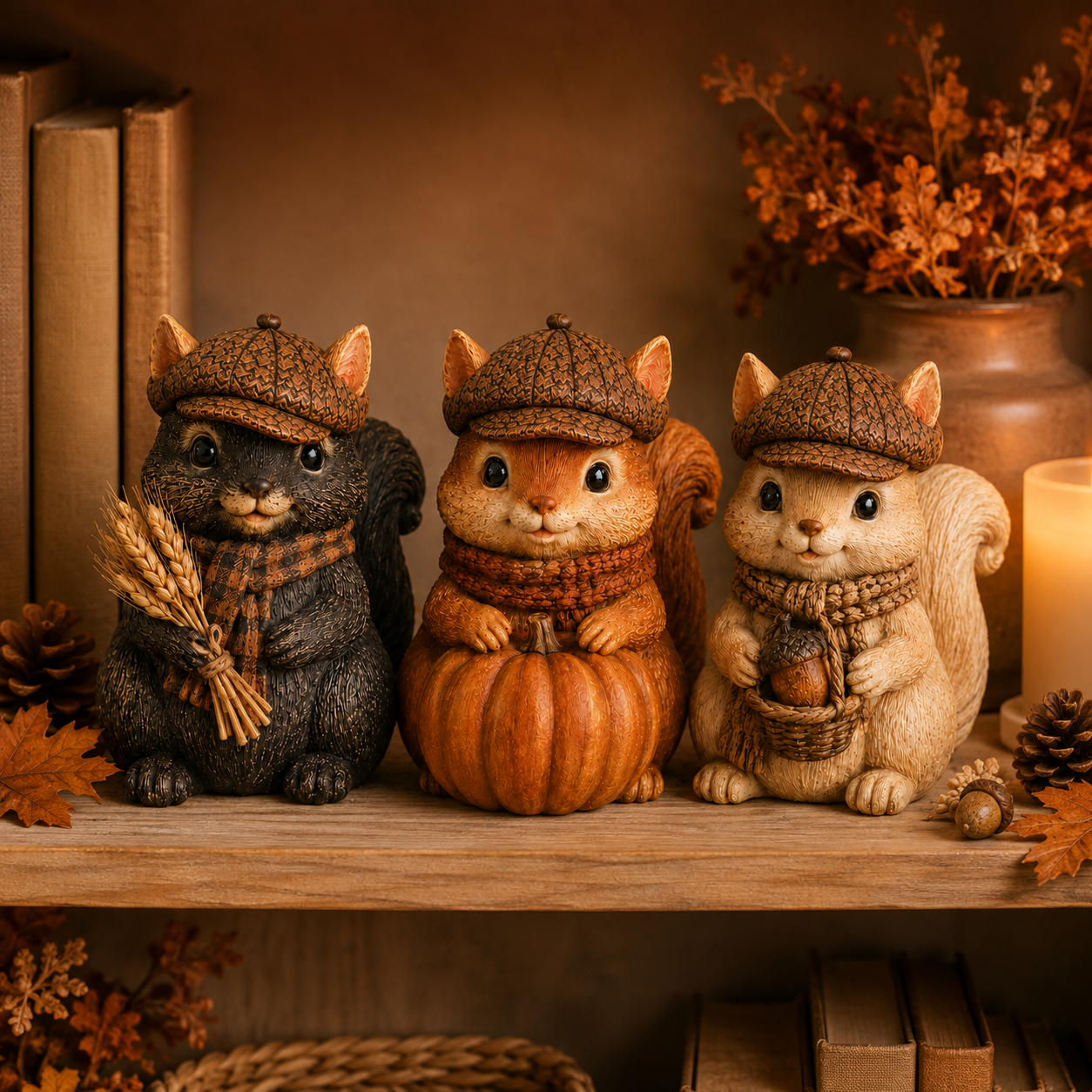 Vintage Fall Squirrel Figurine with Pinecone-Textured Newsboy Cap