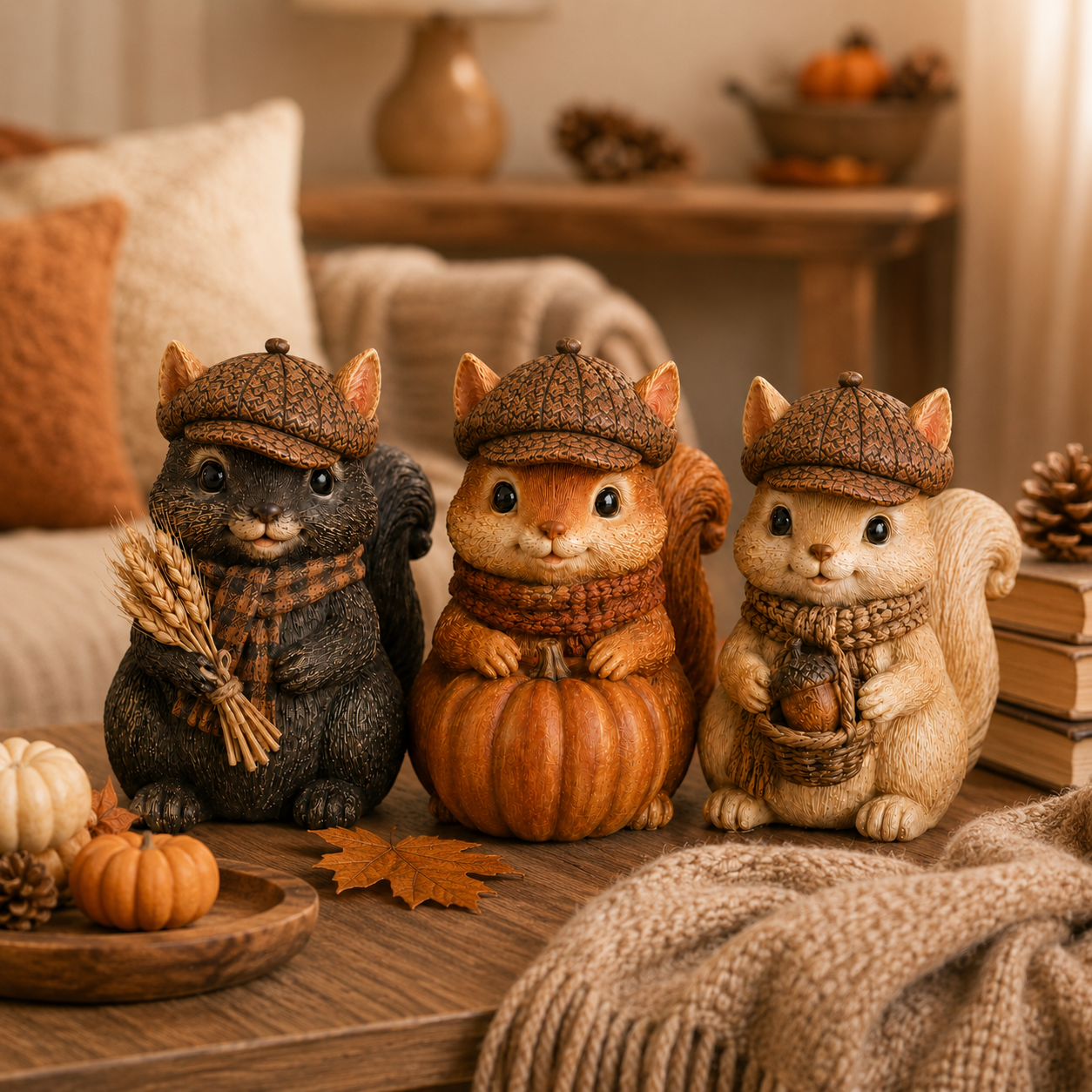 Vintage Fall Squirrel Figurine with Pinecone-Textured Newsboy Cap