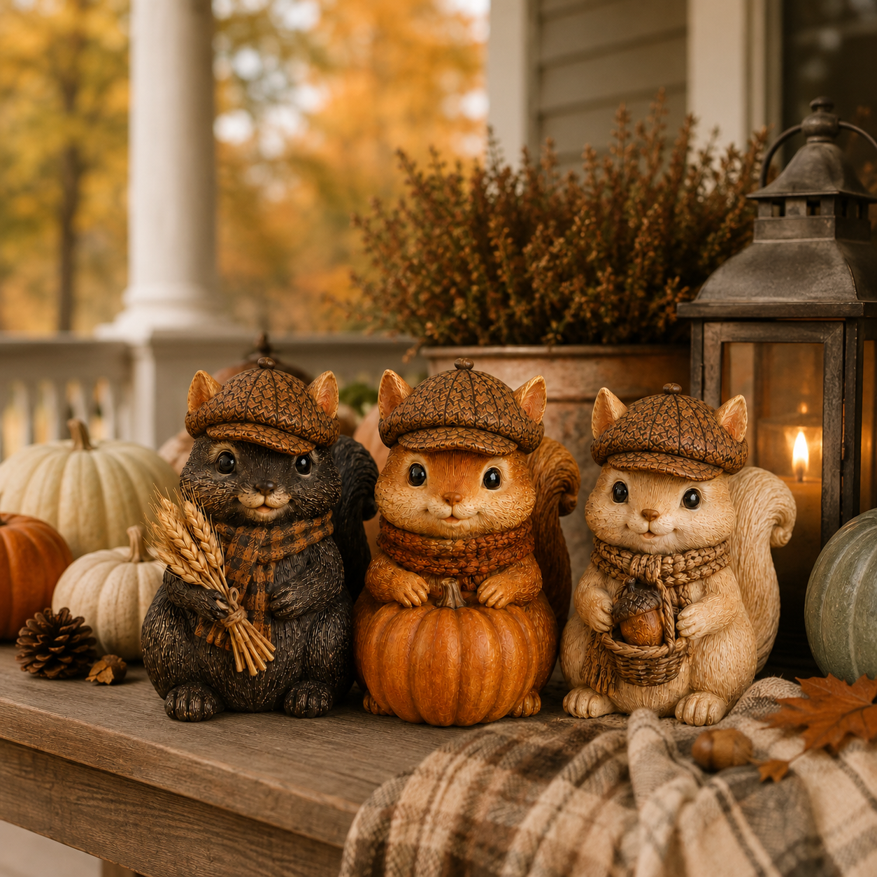 Vintage Fall Squirrel Figurine with Pinecone-Textured Newsboy Cap