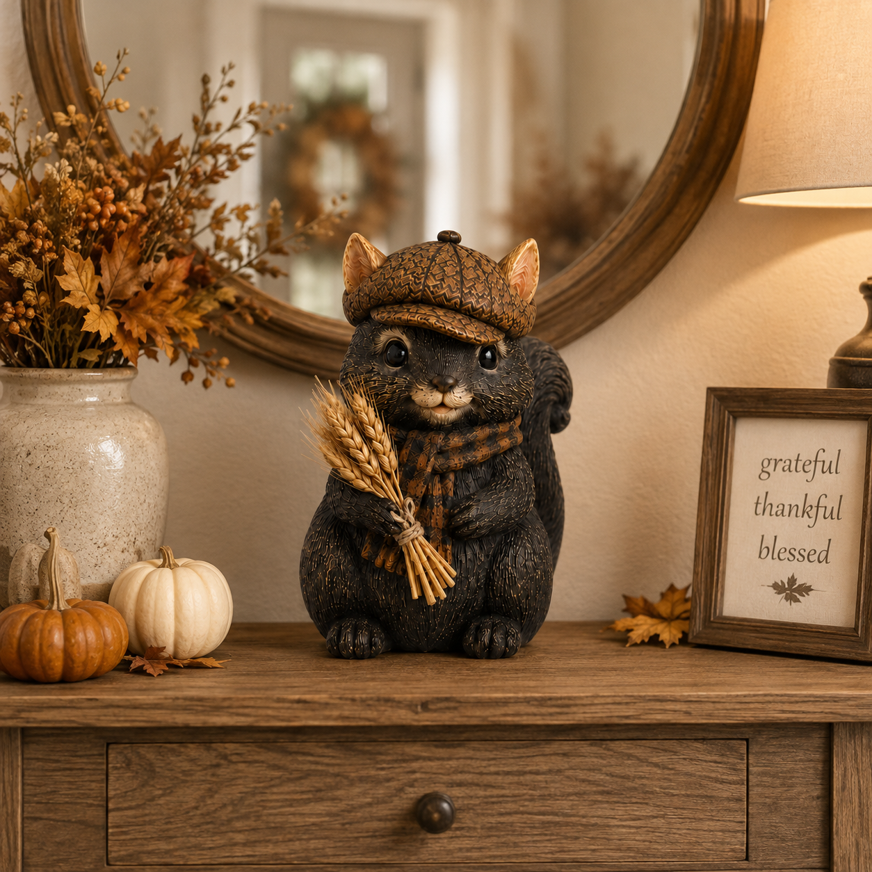Vintage Fall Squirrel Figurine with Pinecone-Textured Newsboy Cap