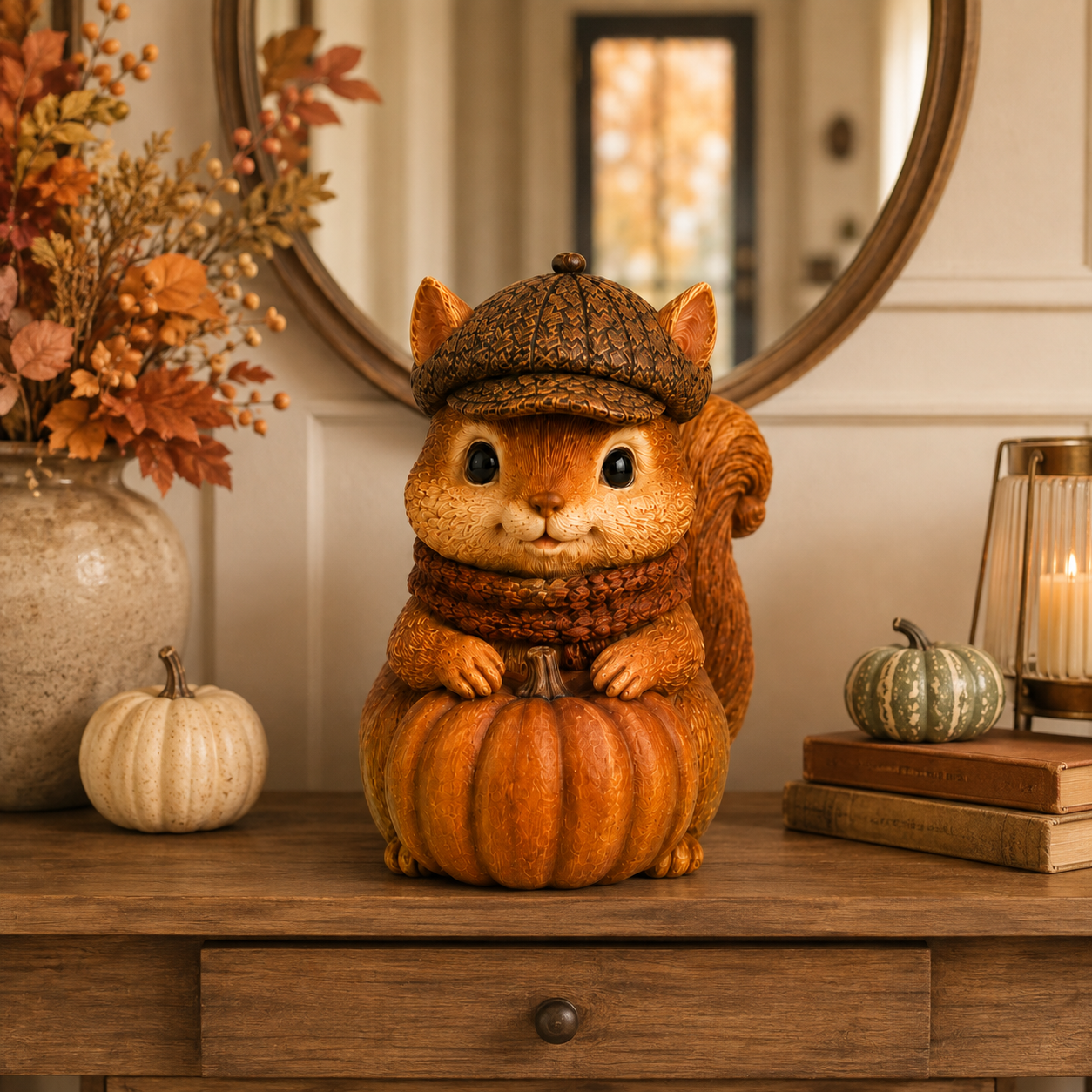 Vintage Fall Squirrel Figurine with Pinecone-Textured Newsboy Cap
