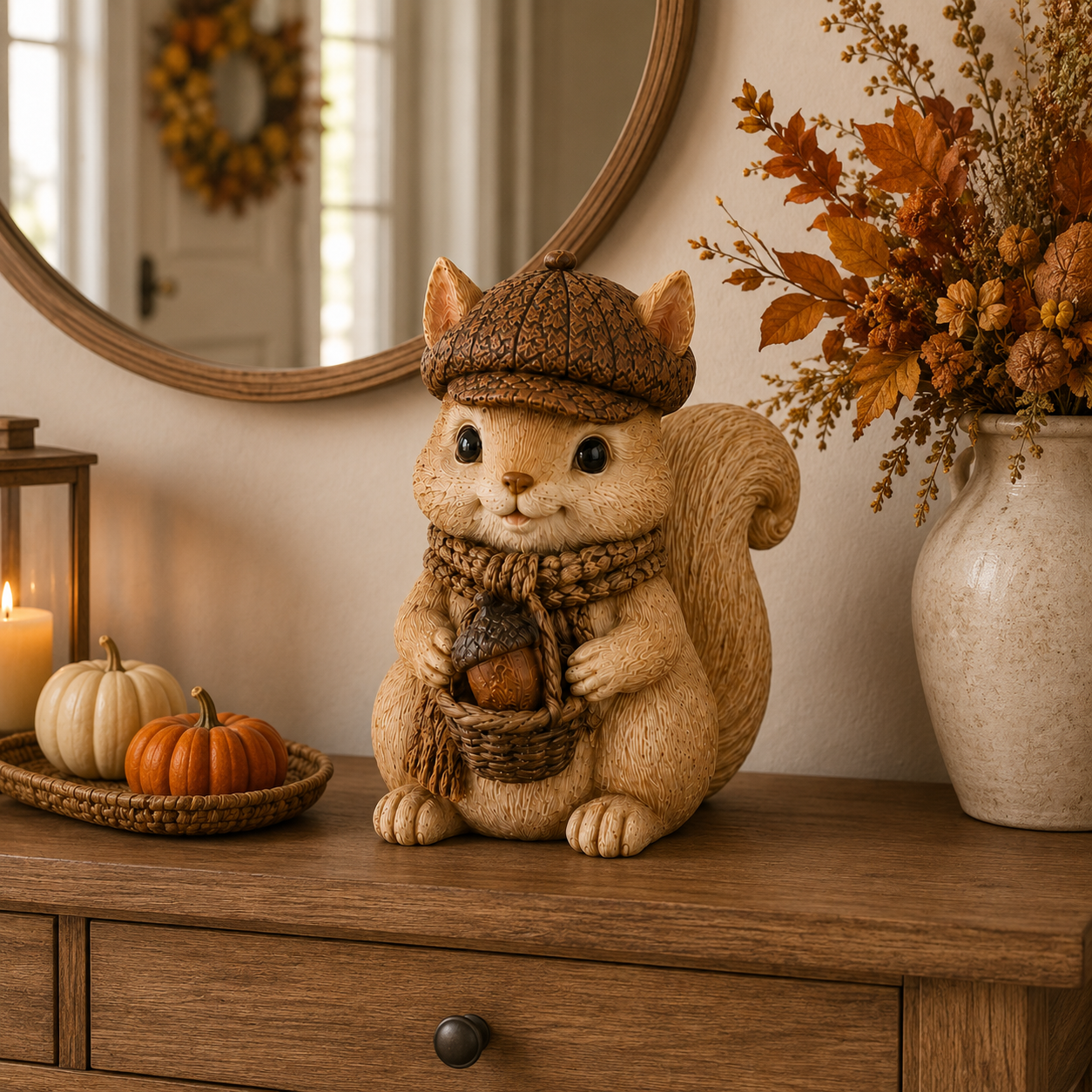 Vintage Fall Squirrel Figurine with Pinecone-Textured Newsboy Cap