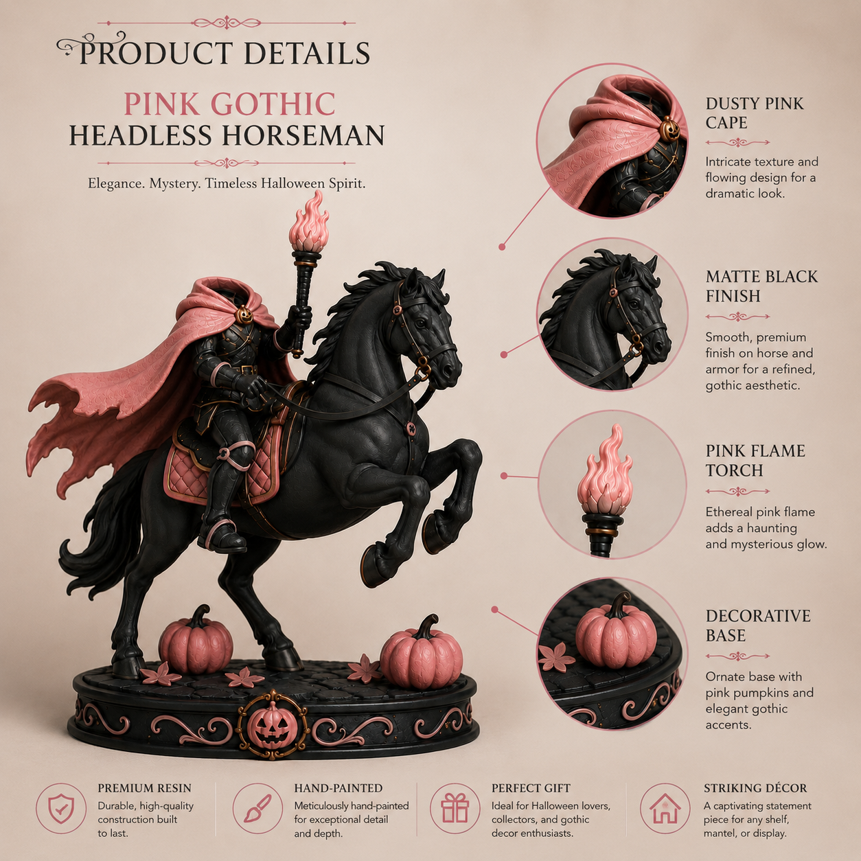 Pink Gothic Headless Horseman Figurine