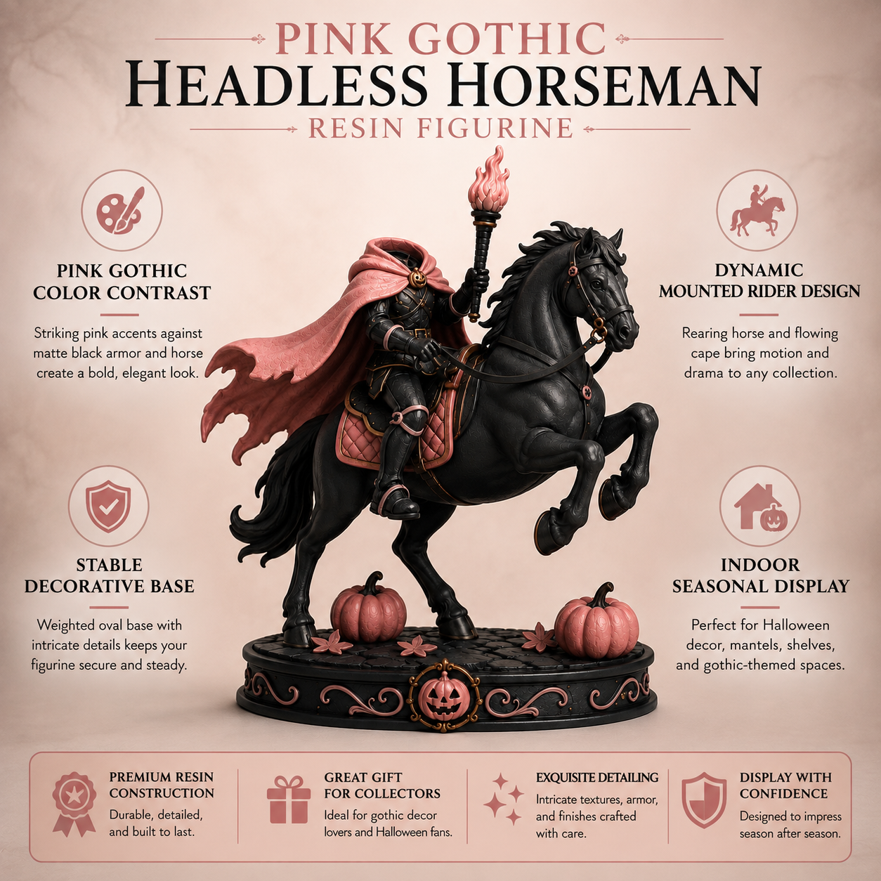 Pink Gothic Headless Horseman Figurine