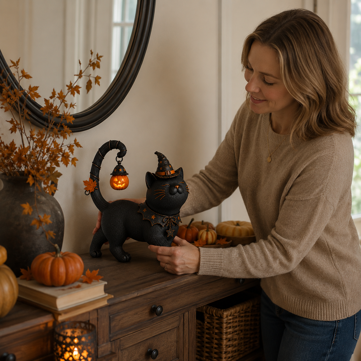 Lighted Witch Cat Halloween Decor