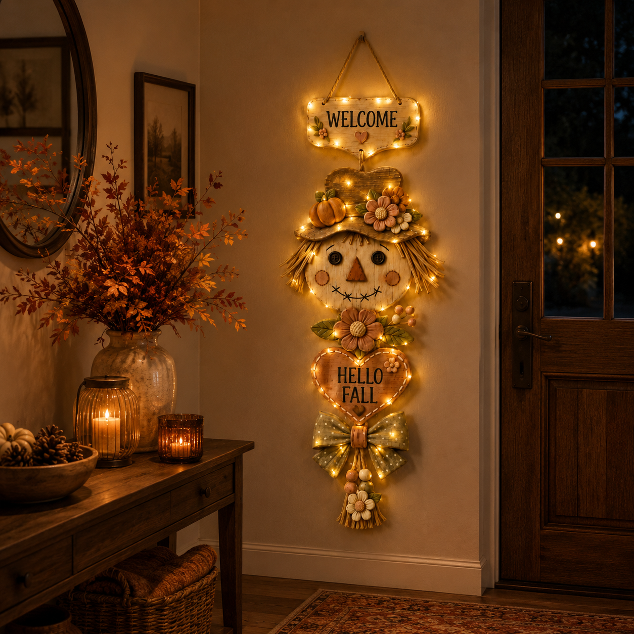 Lighted Fall Scarecrow Door Hanging Decor