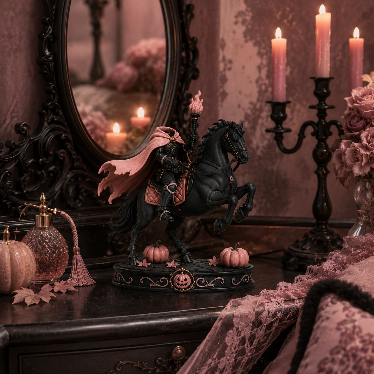 Pink Gothic Headless Horseman Figurine