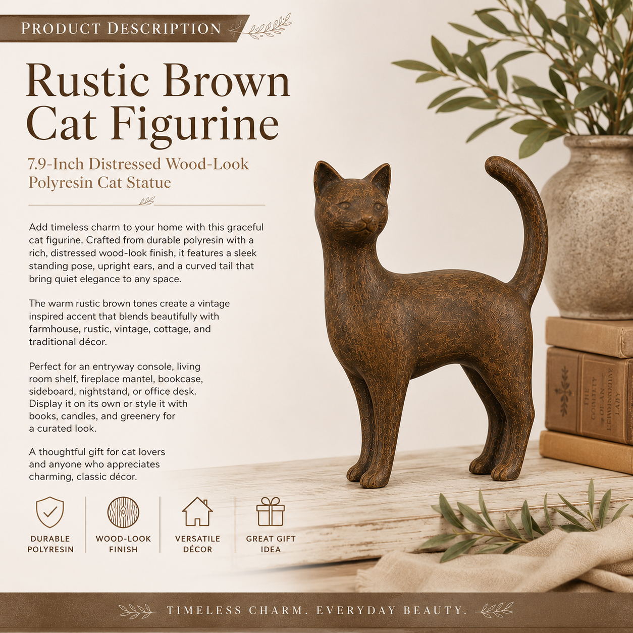 Rustic Brown Cat Figurine