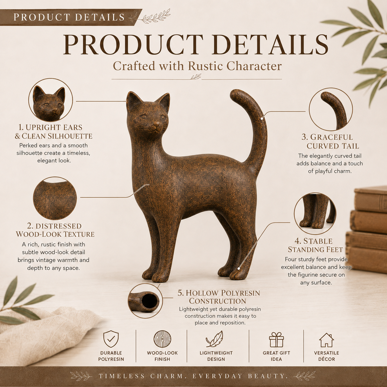 Rustic Brown Cat Figurine
