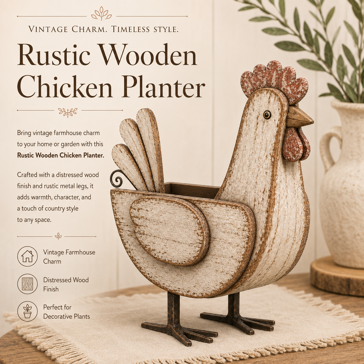 Rustic Wooden Chicken Planter, 11-Inch Vintage Farmhouse Hen Flower Pot with Distressed Wood Finish & Metal Legs