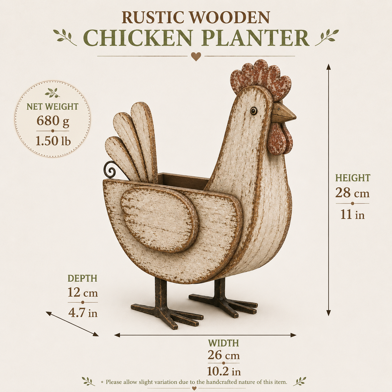 Rustic Wooden Chicken Planter, 11-Inch Vintage Farmhouse Hen Flower Pot with Distressed Wood Finish & Metal Legs