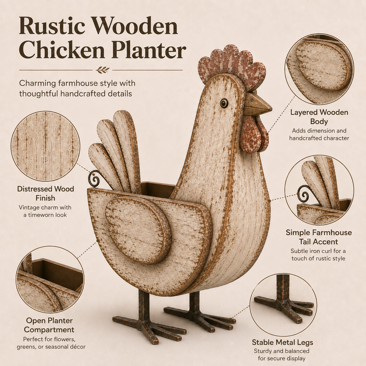 Rustic Wooden Chicken Planter, 11-Inch Vintage Farmhouse Hen Flower Pot with Distressed Wood Finish & Metal Legs