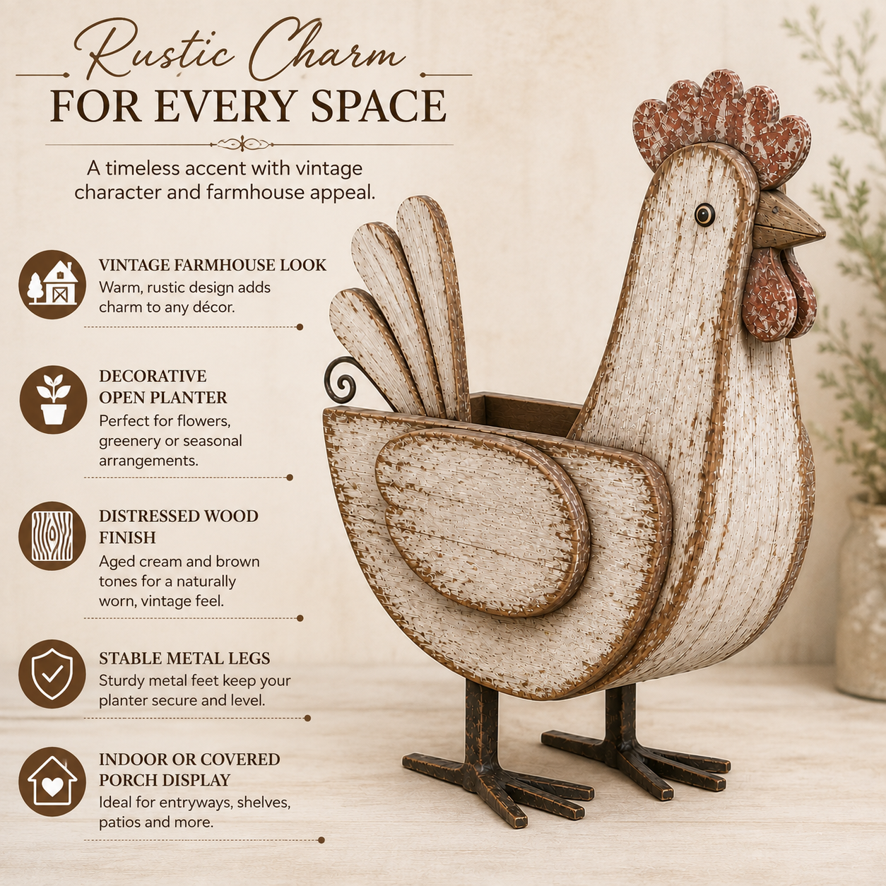 Rustic Wooden Chicken Planter, 11-Inch Vintage Farmhouse Hen Flower Pot with Distressed Wood Finish & Metal Legs