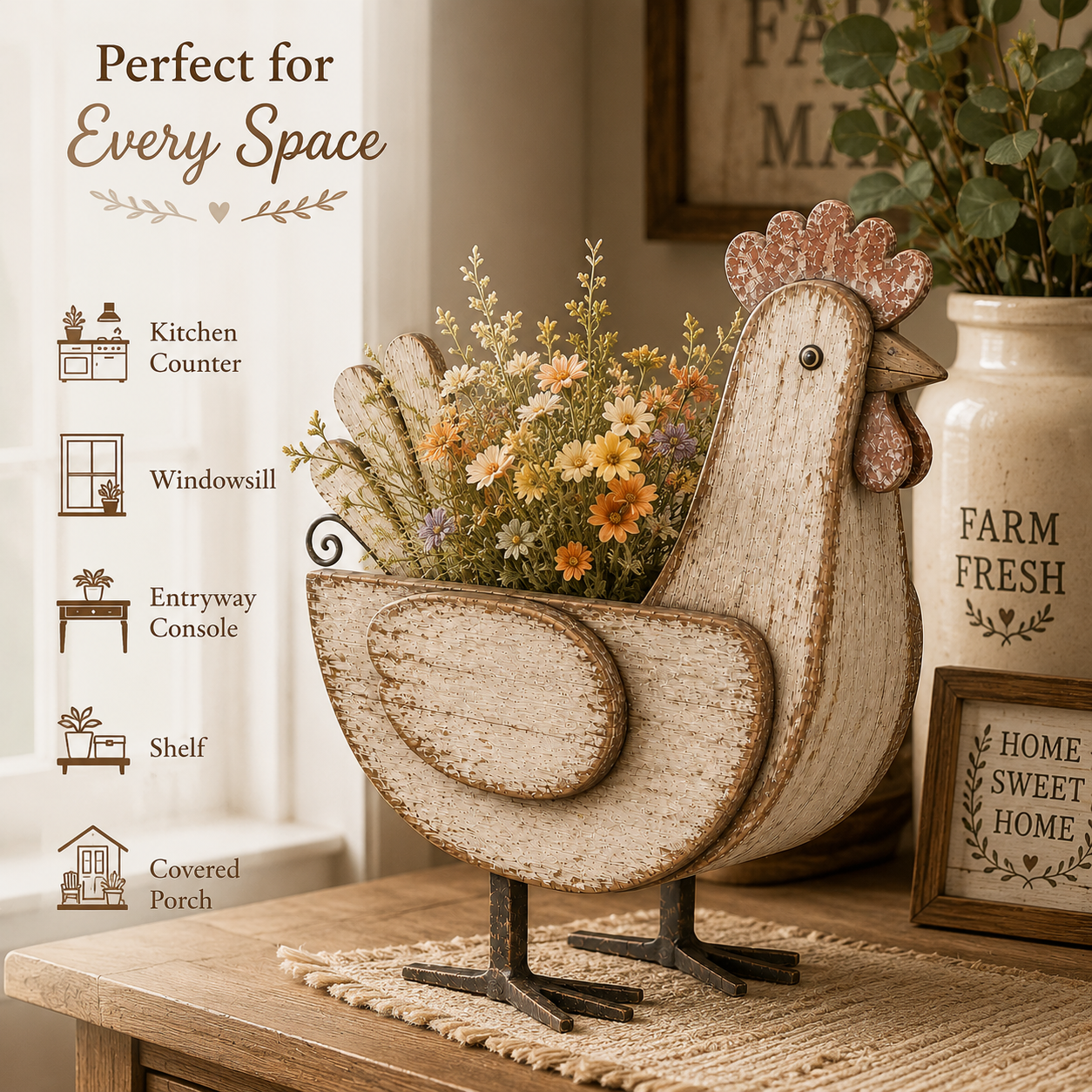 Rustic Wooden Chicken Planter, 11-Inch Vintage Farmhouse Hen Flower Pot with Distressed Wood Finish & Metal Legs