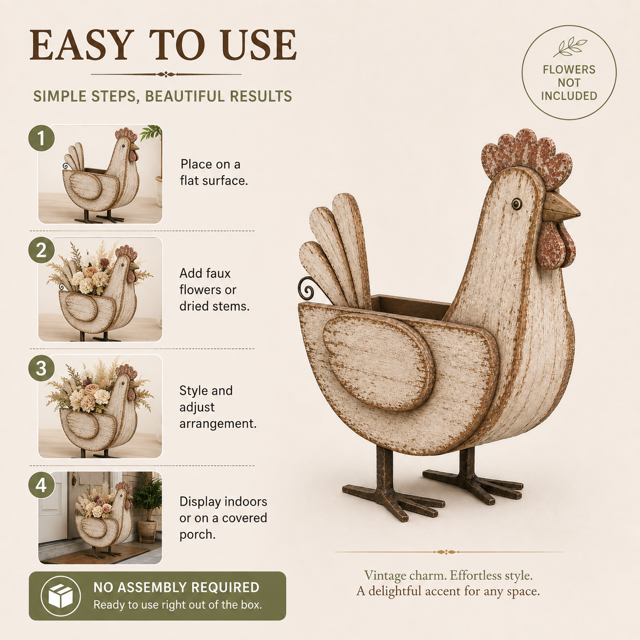 Rustic Wooden Chicken Planter, 11-Inch Vintage Farmhouse Hen Flower Pot with Distressed Wood Finish & Metal Legs