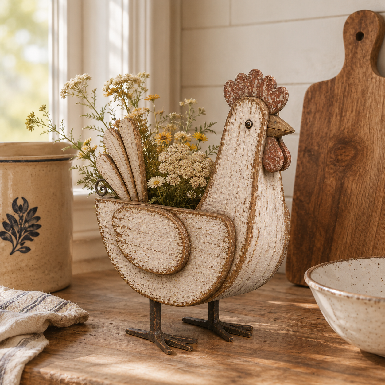Rustic Wooden Chicken Planter, 11-Inch Vintage Farmhouse Hen Flower Pot with Distressed Wood Finish & Metal Legs