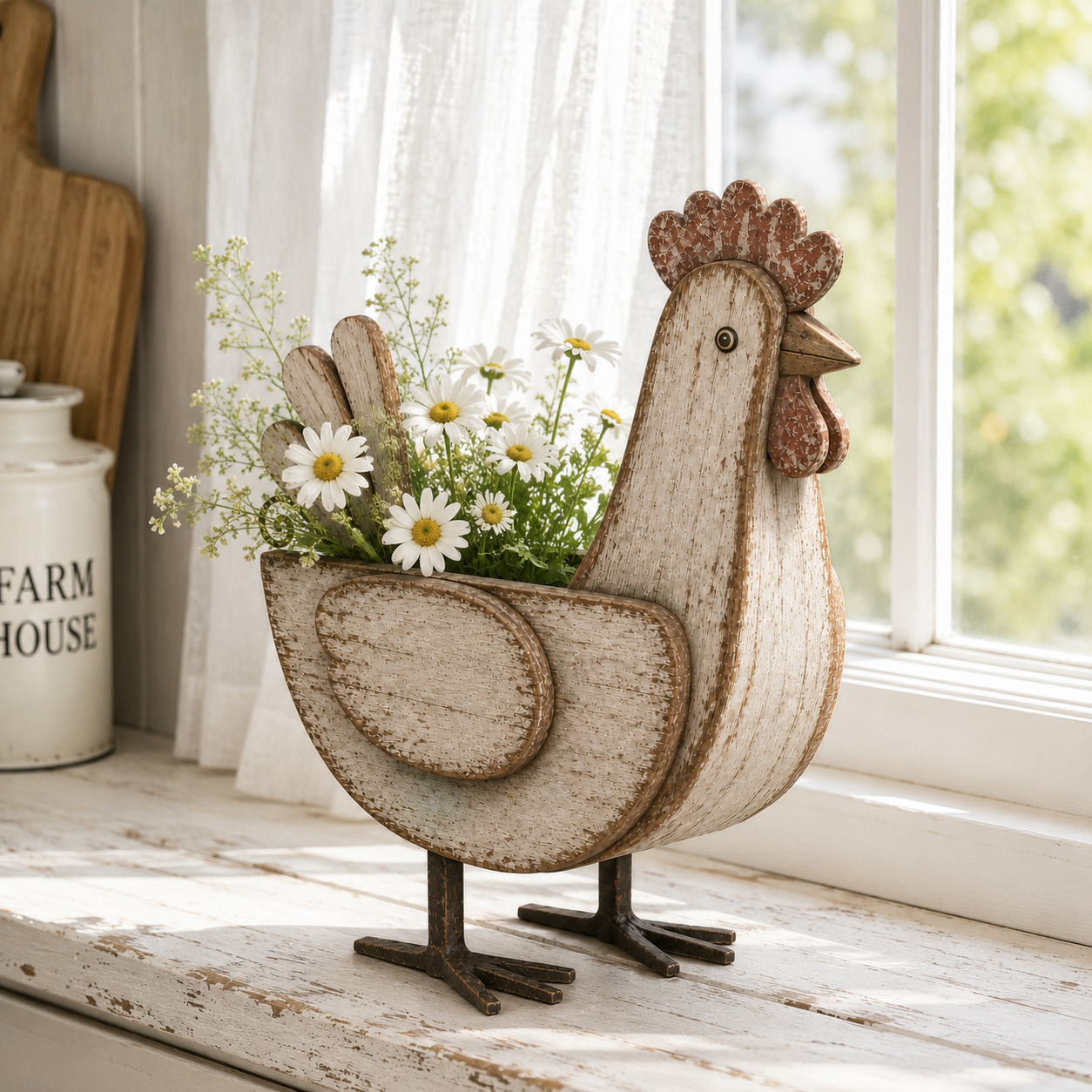 Rustic Wooden Chicken Planter, 11-Inch Vintage Farmhouse Hen Flower Pot with Distressed Wood Finish & Metal Legs