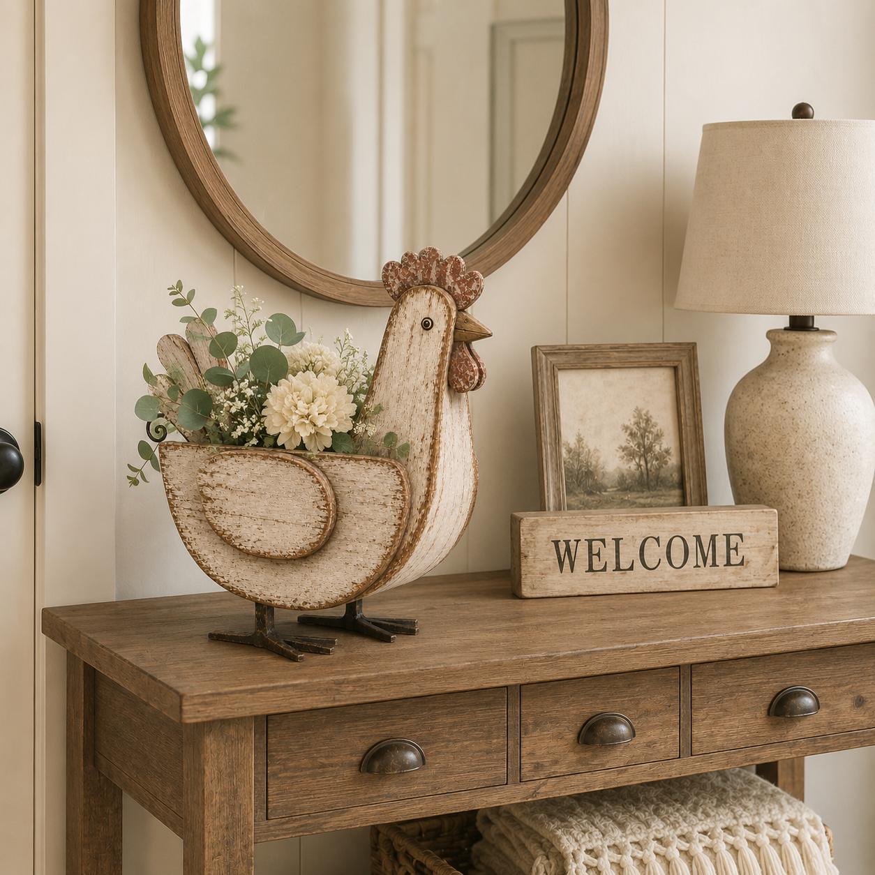 Rustic Wooden Chicken Planter, 11-Inch Vintage Farmhouse Hen Flower Pot with Distressed Wood Finish & Metal Legs