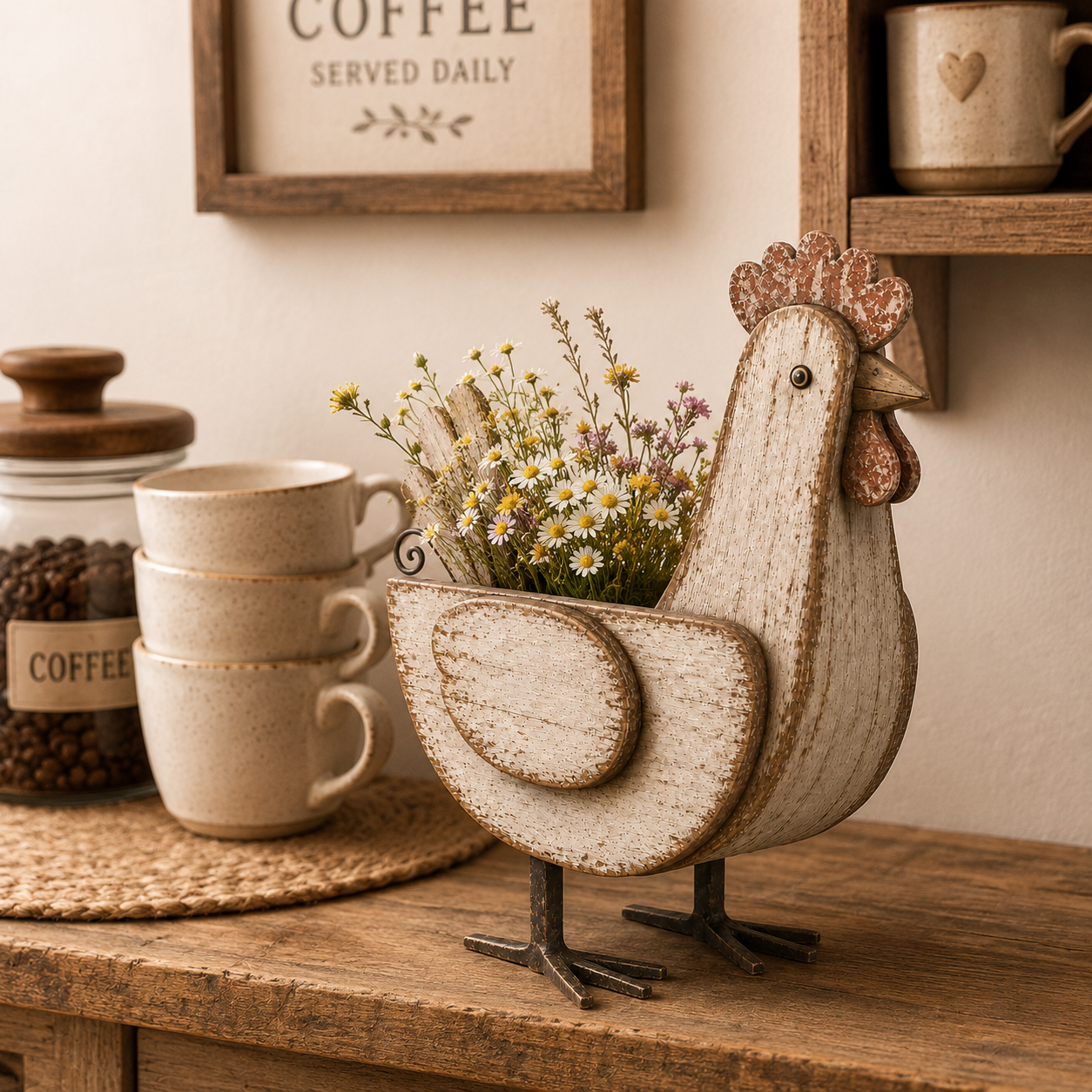 Rustic Wooden Chicken Planter, 11-Inch Vintage Farmhouse Hen Flower Pot with Distressed Wood Finish & Metal Legs