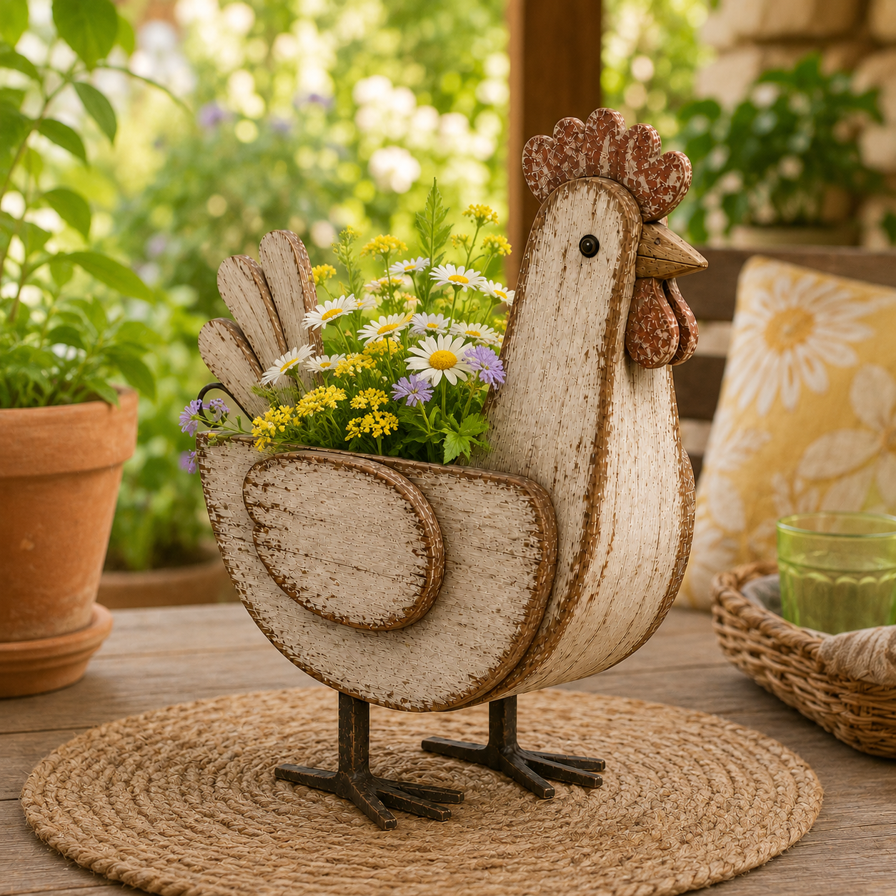 Rustic Wooden Chicken Planter, 11-Inch Vintage Farmhouse Hen Flower Pot with Distressed Wood Finish & Metal Legs