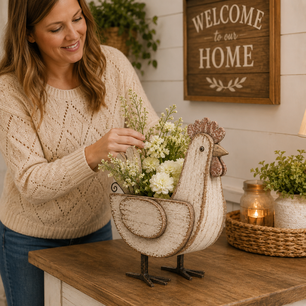 Rustic Wooden Chicken Planter, 11-Inch Vintage Farmhouse Hen Flower Pot with Distressed Wood Finish & Metal Legs