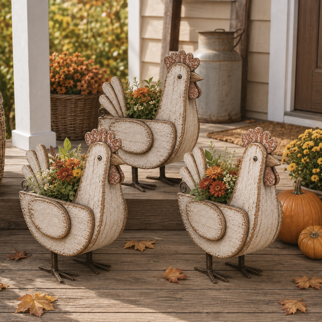 Rustic Wooden Chicken Planter, 11-Inch Vintage Farmhouse Hen Flower Pot with Distressed Wood Finish & Metal Legs
