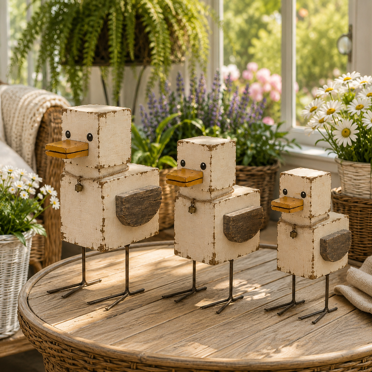 Rustic Wooden-Look Duck Figurines Vintage Set of 3 Farmhouse Resin Duck Decor with Distressed Finish and Metal Legs