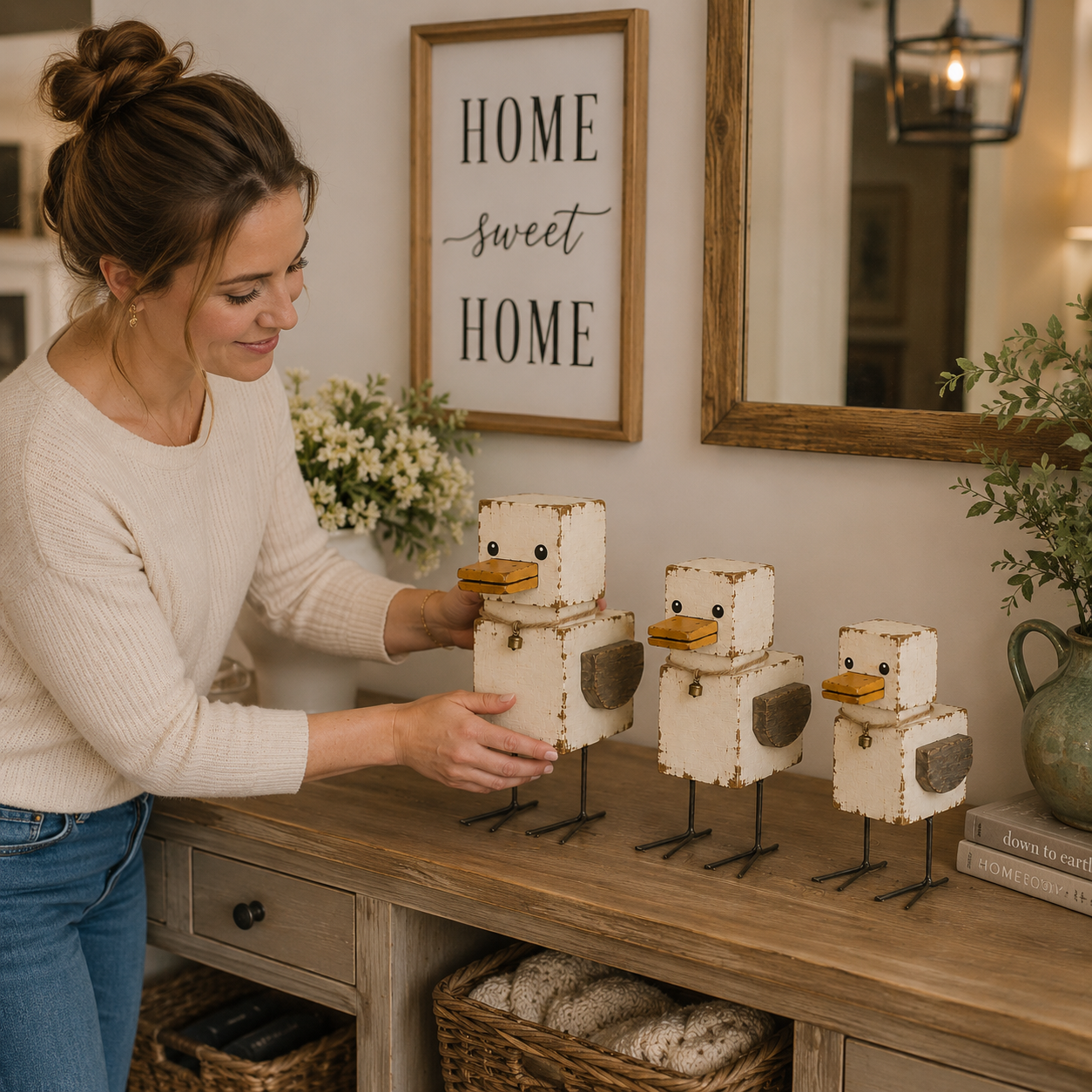Rustic Wooden-Look Duck Figurines Vintage Set of 3 Farmhouse Resin Duck Decor with Distressed Finish and Metal Legs