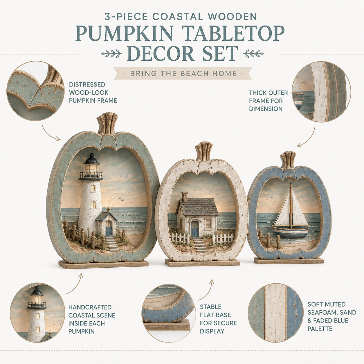 3-Piece Coastal Pumpkin Tabletop Decor Set