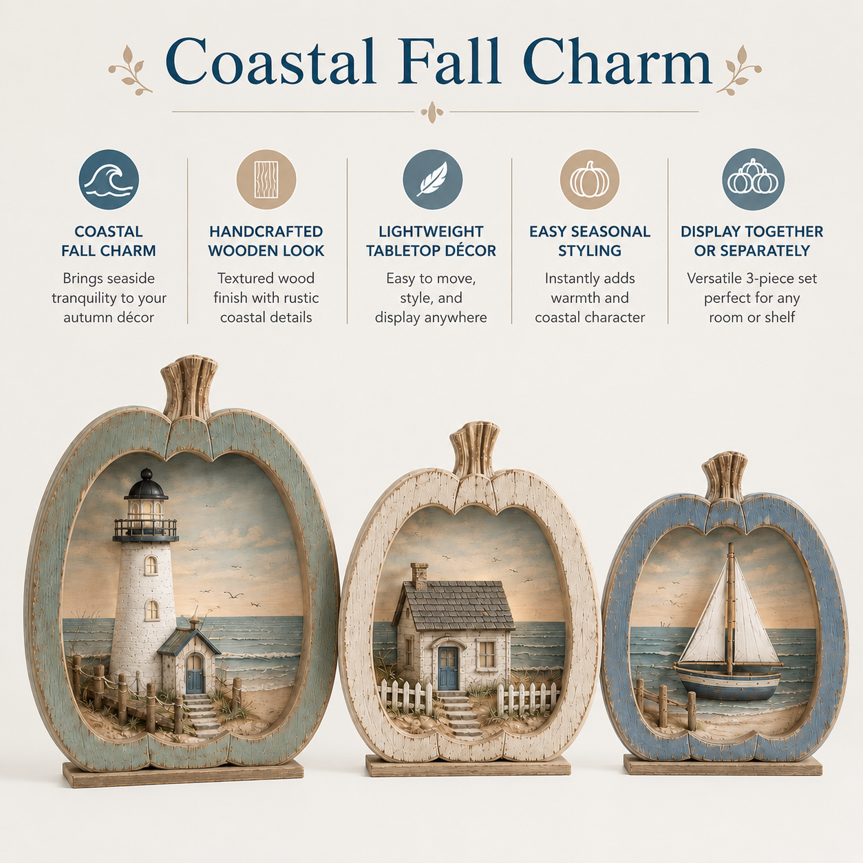 3-Piece Coastal Pumpkin Tabletop Decor Set