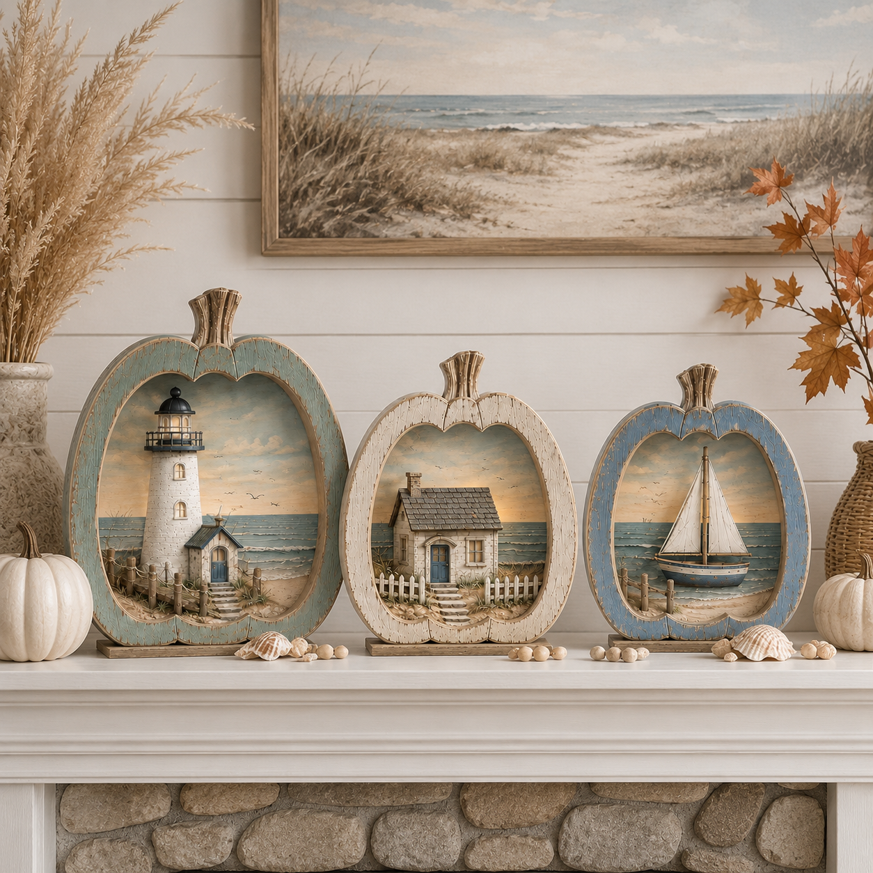 3-Piece Coastal Pumpkin Tabletop Decor Set