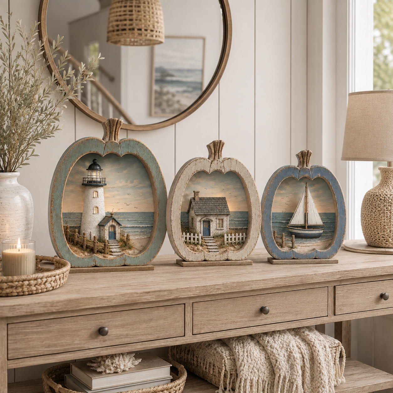 3-Piece Coastal Pumpkin Tabletop Decor Set