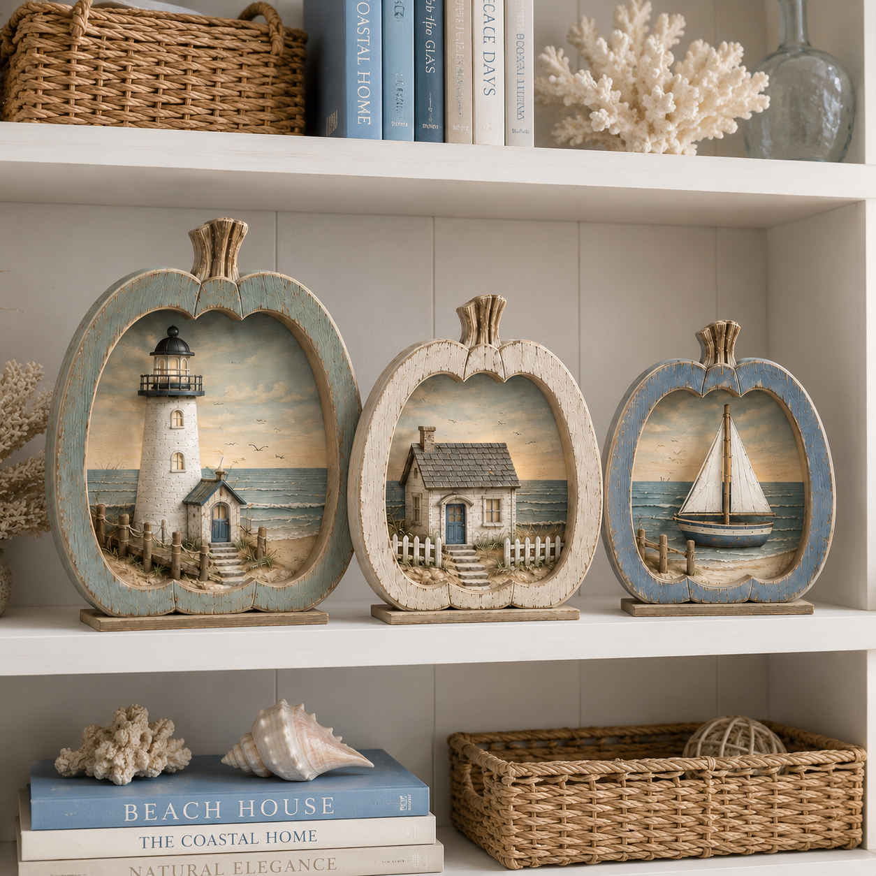 3-Piece Coastal Pumpkin Tabletop Decor Set