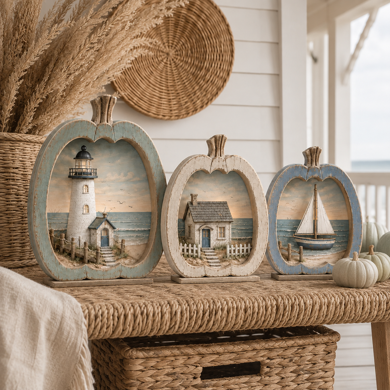 3-Piece Coastal Pumpkin Tabletop Decor Set