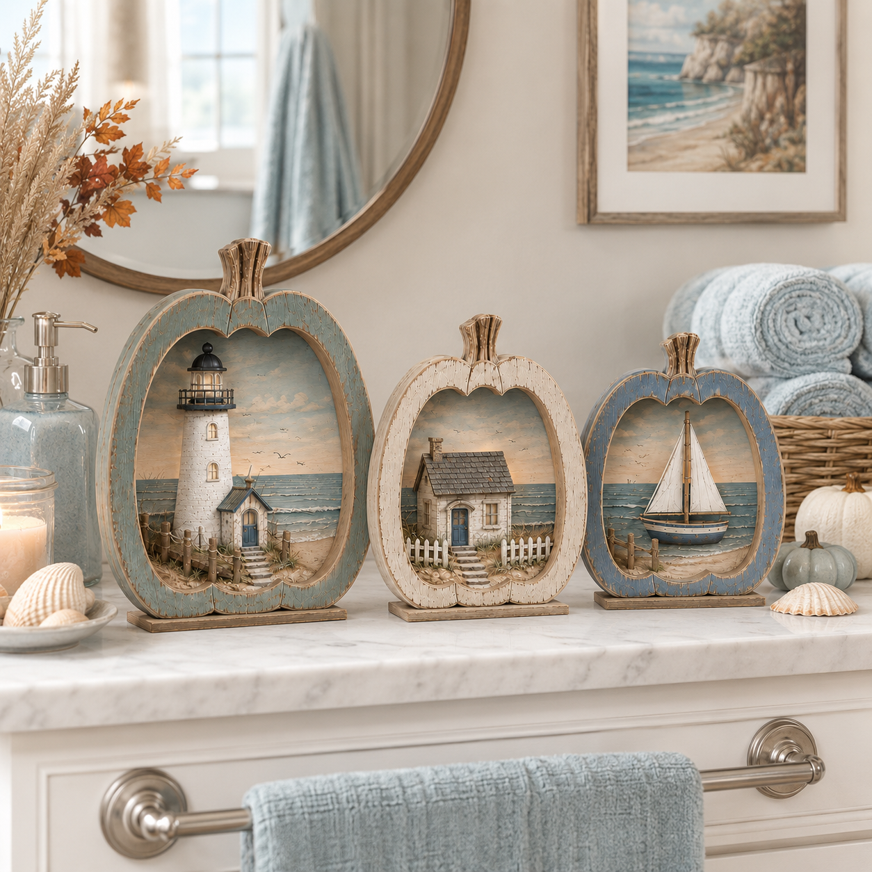 3-Piece Coastal Pumpkin Tabletop Decor Set