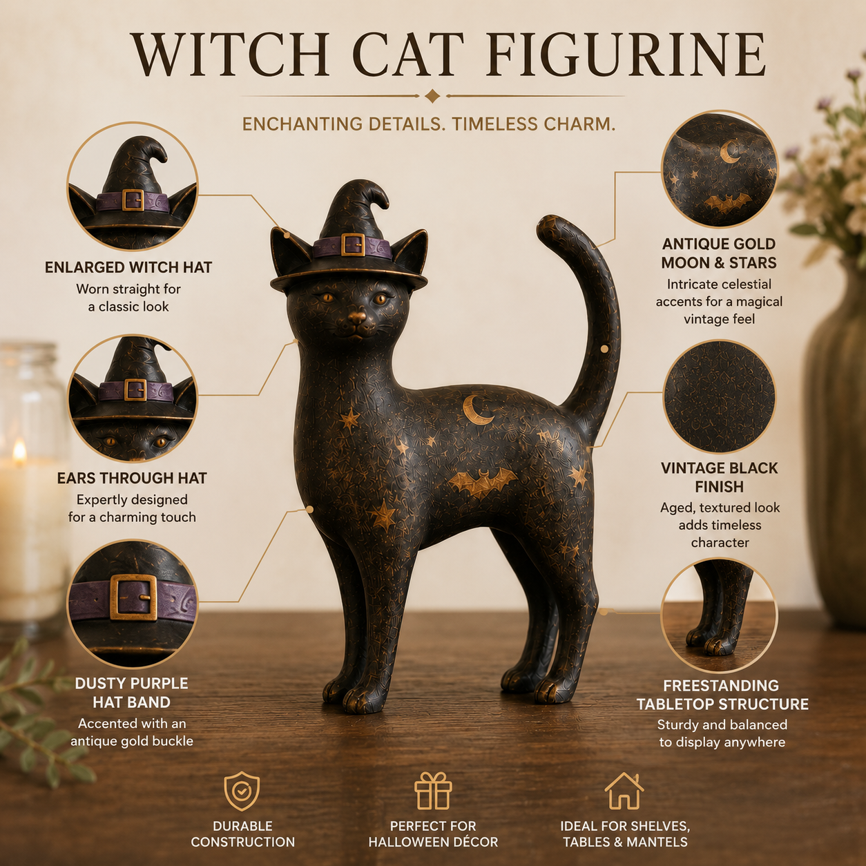 Vintage Black Cat Witch Figurine