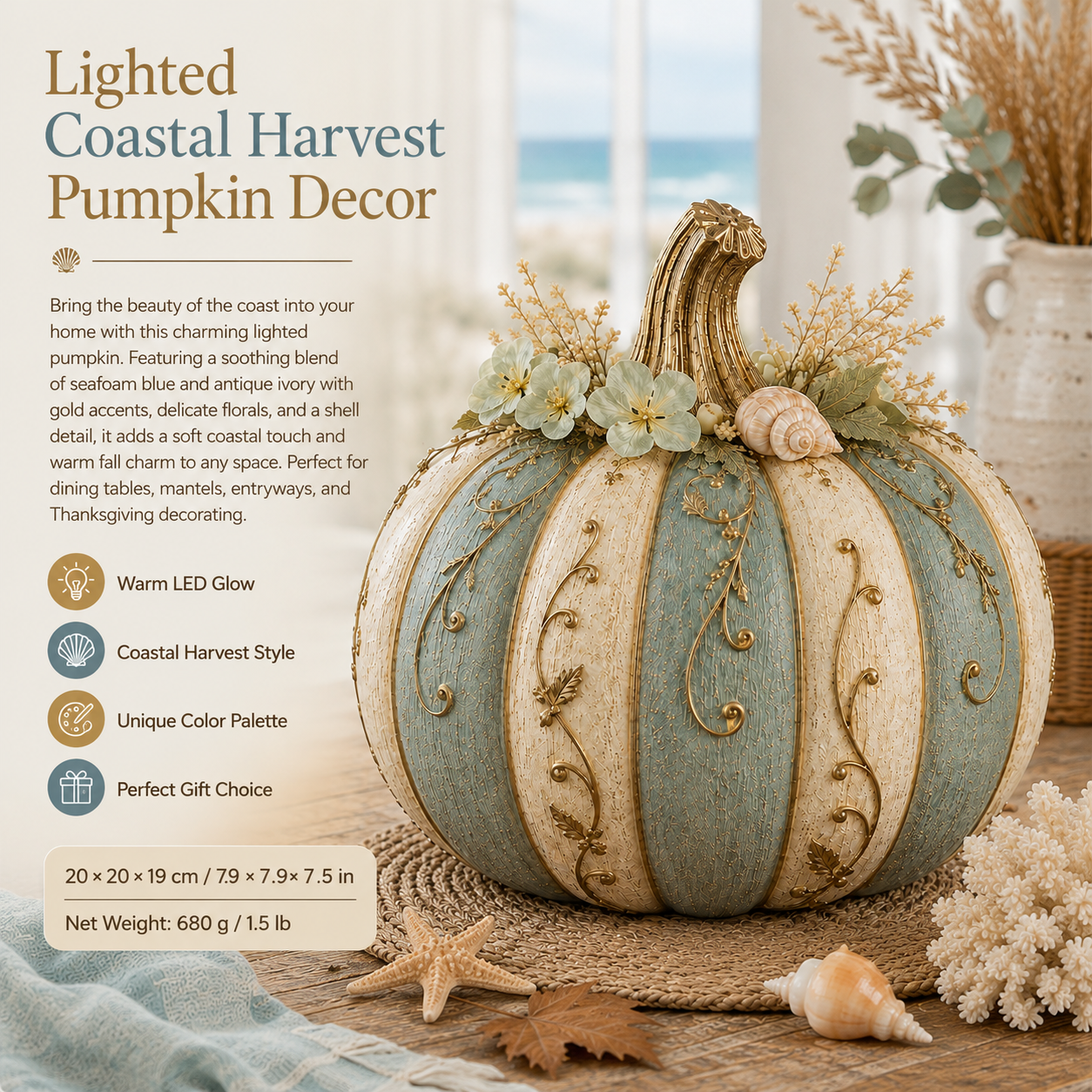 Lighted Coastal Harvest Pumpkin Decor, 7.9-Inch Blue & Ivory Fall Pumpkin Centerpiece with Warm LED Glow