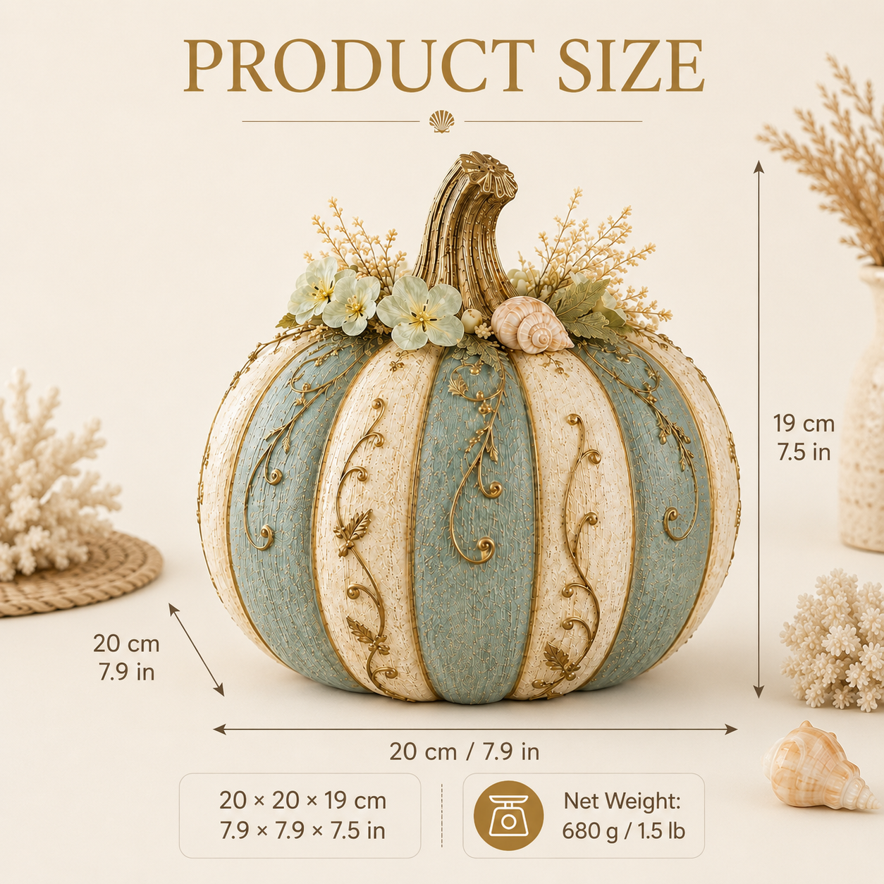 Lighted Coastal Harvest Pumpkin Decor, 7.9-Inch Blue & Ivory Fall Pumpkin Centerpiece with Warm LED Glow