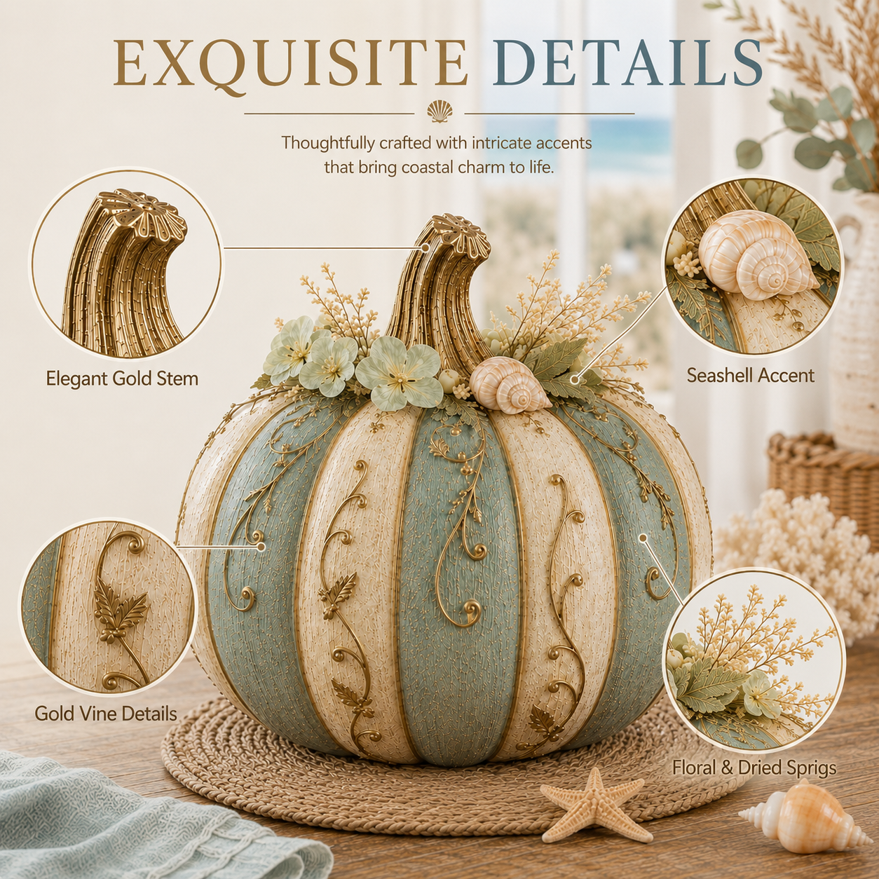 Lighted Coastal Harvest Pumpkin Decor, 7.9-Inch Blue & Ivory Fall Pumpkin Centerpiece with Warm LED Glow