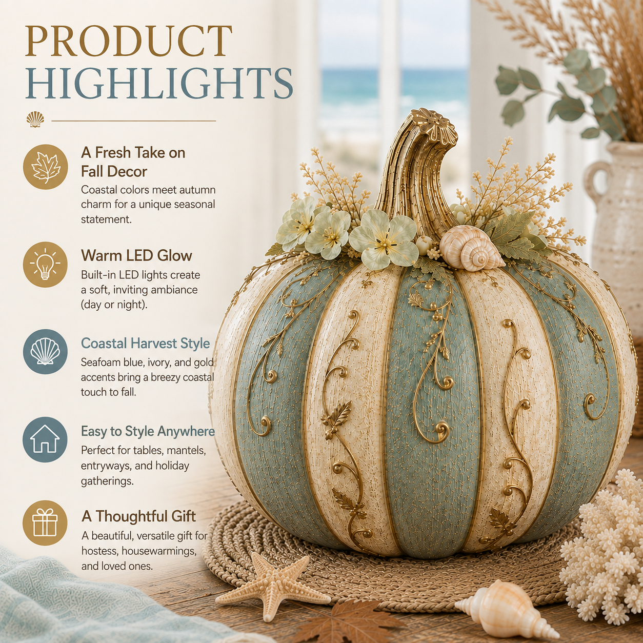 Lighted Coastal Harvest Pumpkin Decor, 7.9-Inch Blue & Ivory Fall Pumpkin Centerpiece with Warm LED Glow