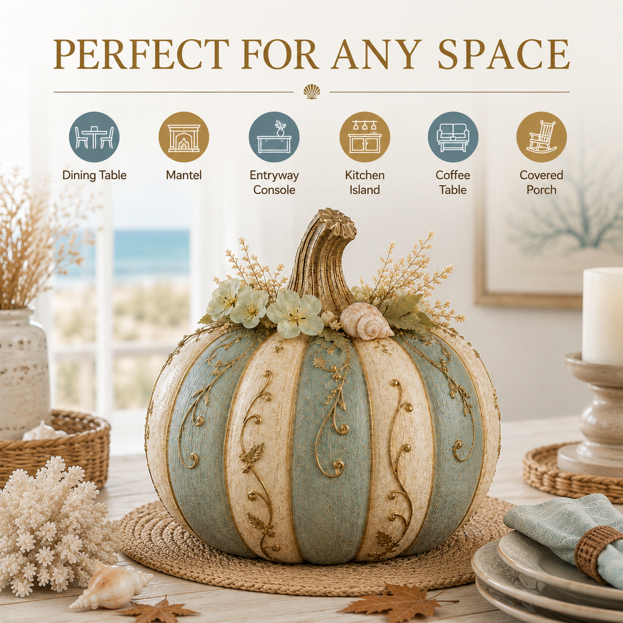 Lighted Coastal Harvest Pumpkin Decor, 7.9-Inch Blue & Ivory Fall Pumpkin Centerpiece with Warm LED Glow