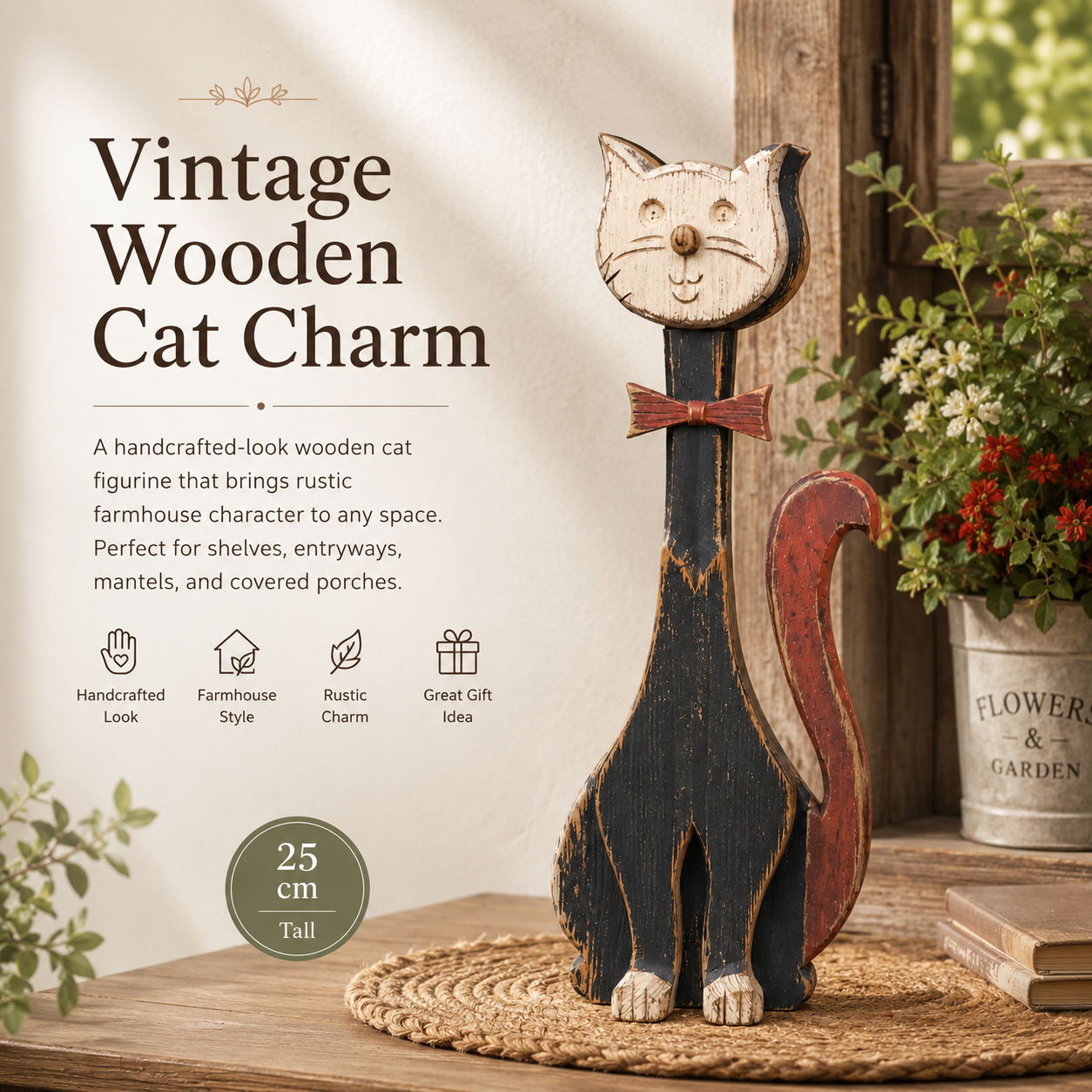 Rustic Whisker™ Vintage Wooden Cat Figurine