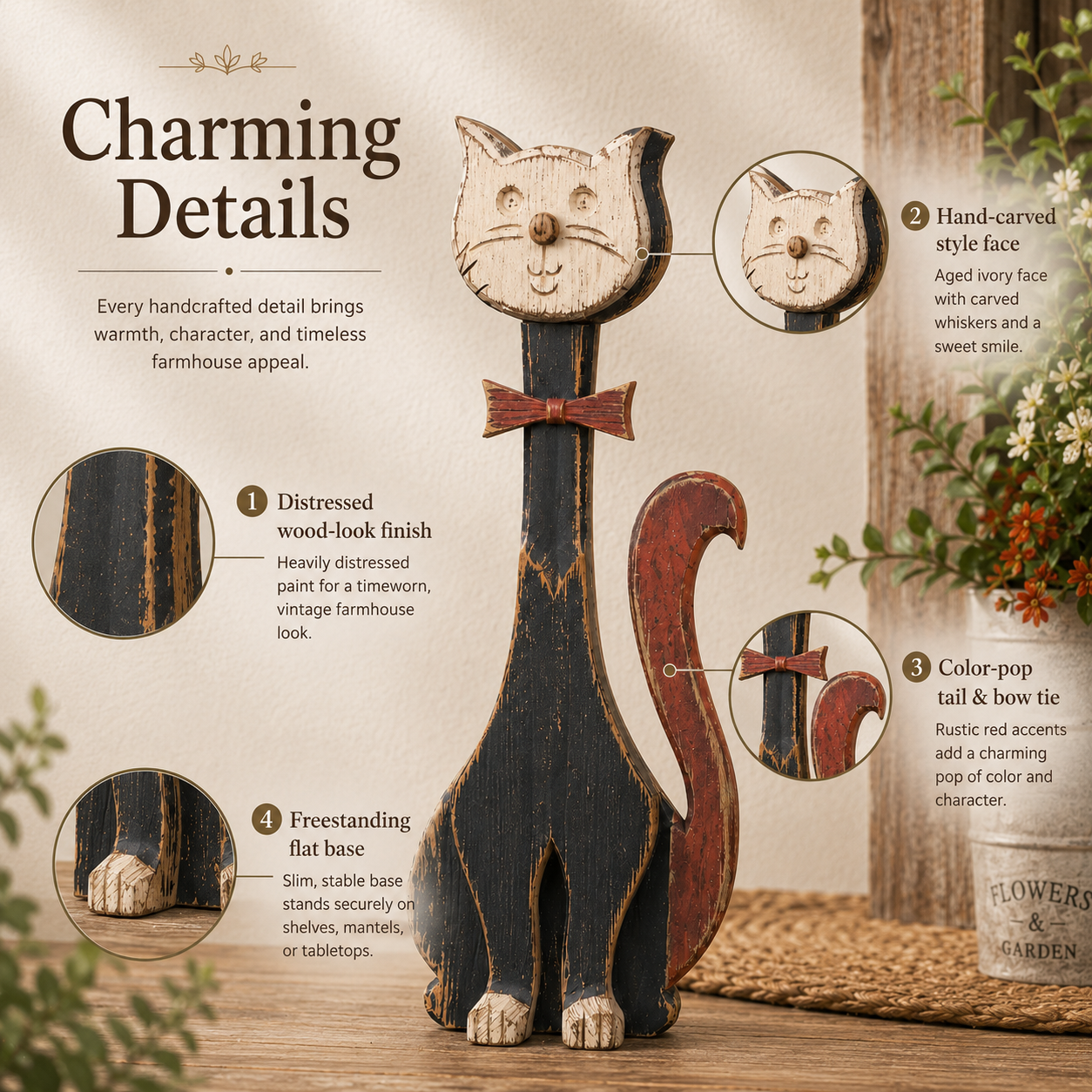 Rustic Whisker™ Vintage Wooden Cat Figurine