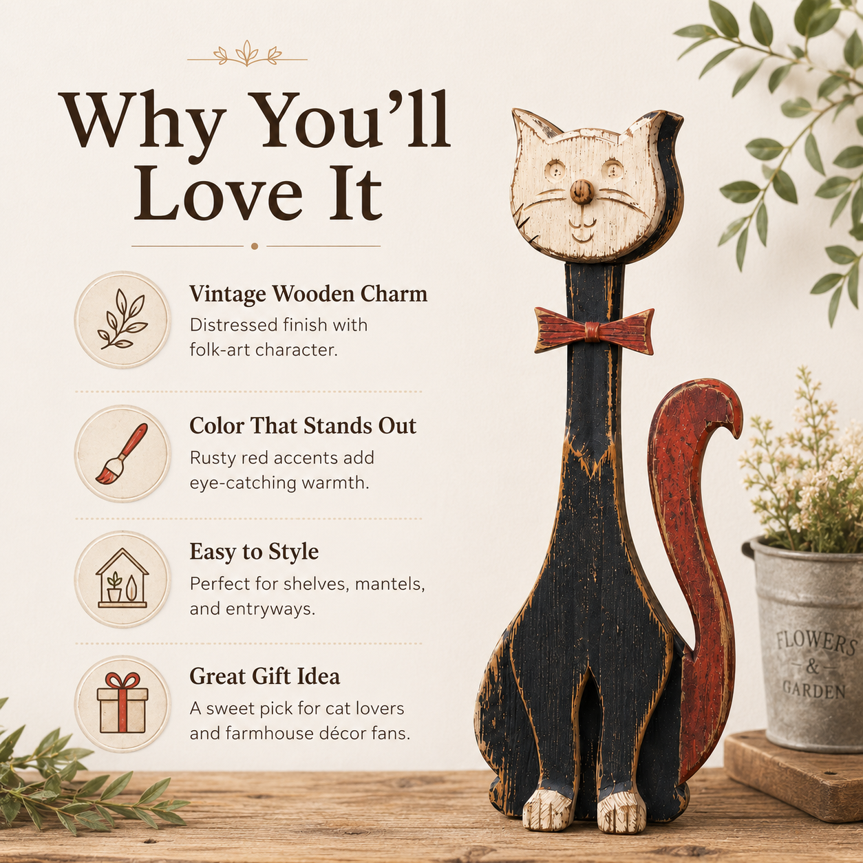 Rustic Whisker™ Vintage Wooden Cat Figurine