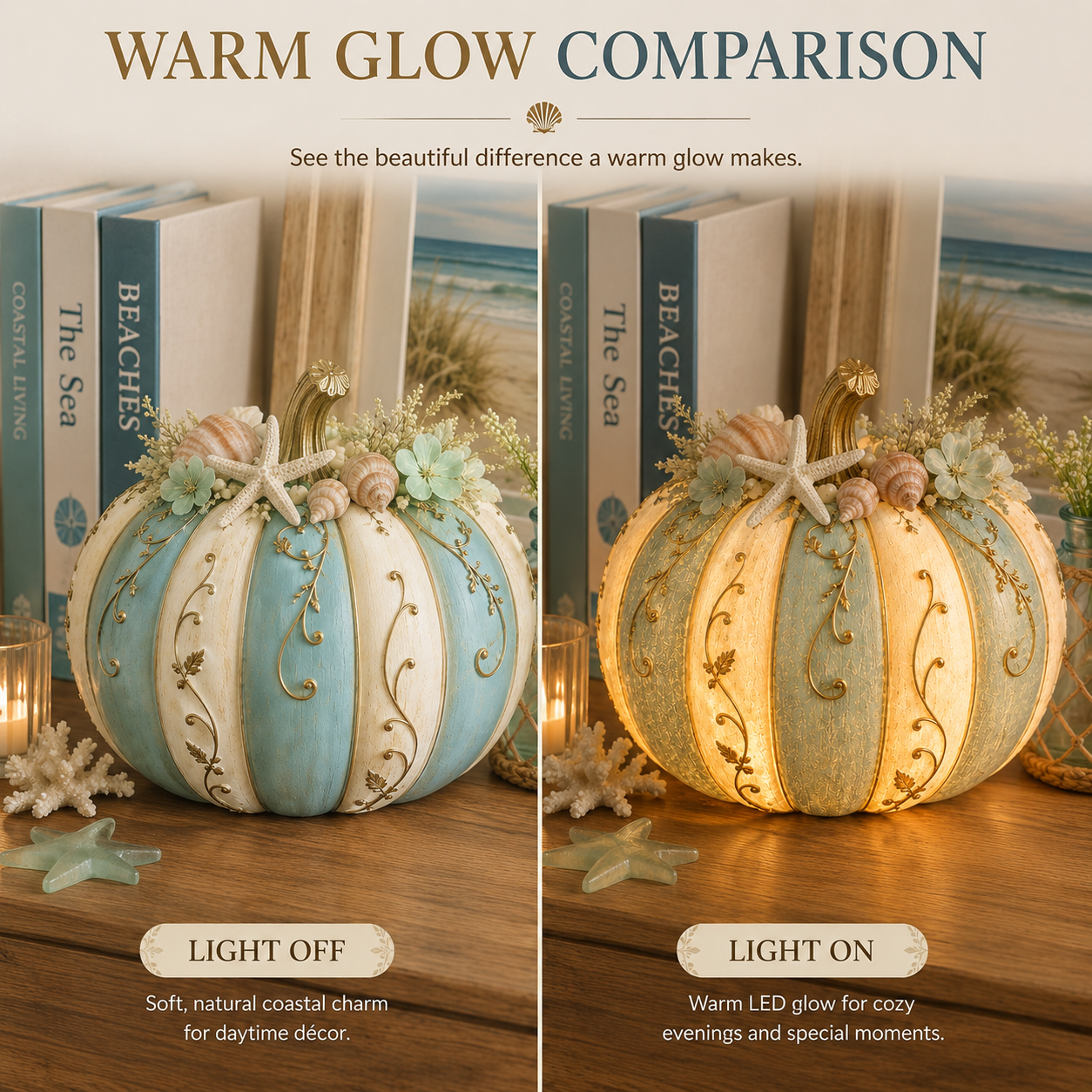Lighted Coastal Harvest Pumpkin Decor, 7.9-Inch Blue & Ivory Fall Pumpkin Centerpiece with Warm LED Glow